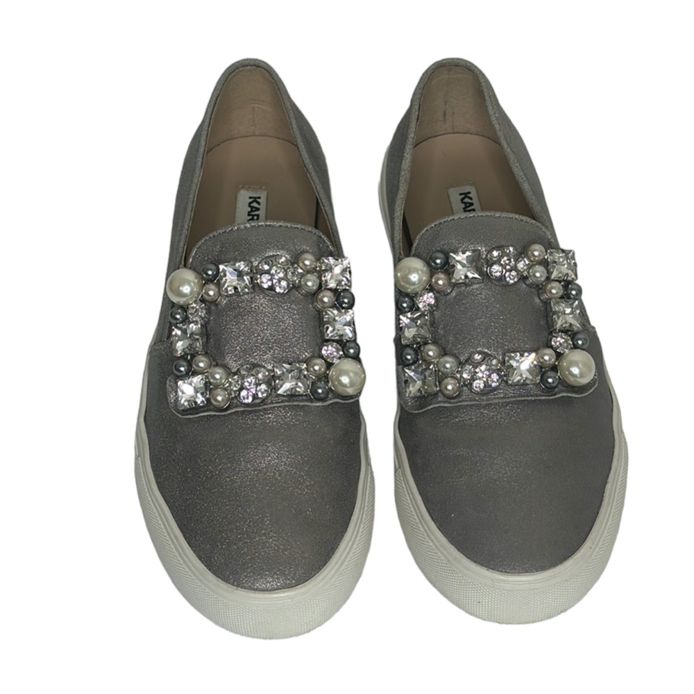 Karl Lagerfeld Paris Evelyn Leather Jeweled Slip On Sneakers Shimmer Pewter 6M